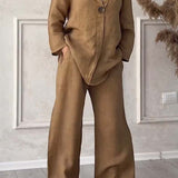 コットンとリネンの2ピースセット、カジュアルなボタン付き