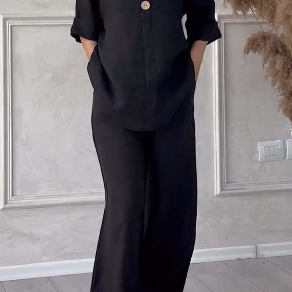 コットンとリネンの2ピースセット、カジュアルなボタン付き