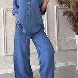 コットンとリネンの2ピースセット、カジュアルなボタン付き