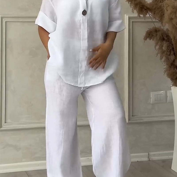 コットンとリネンの2ピースセット、カジュアルなボタン付き