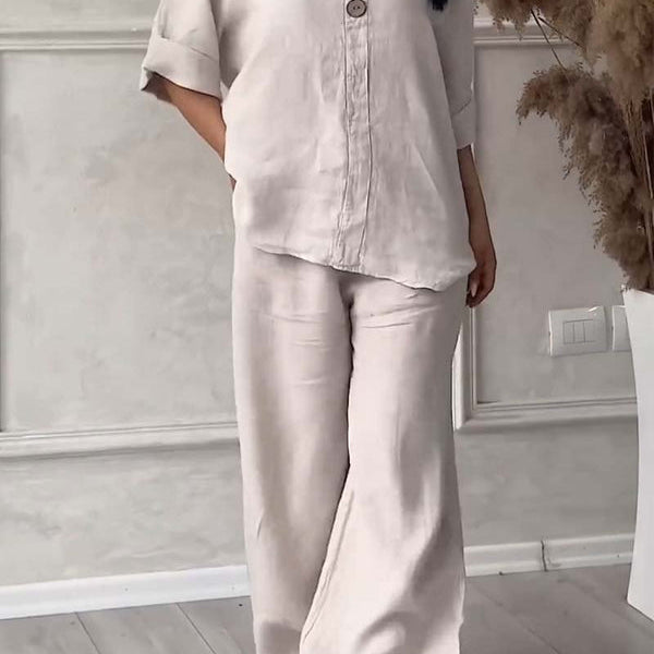 コットンとリネンの2ピースセット、カジュアルなボタン付き