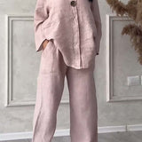 コットンとリネンの2ピースセット、カジュアルなボタン付き