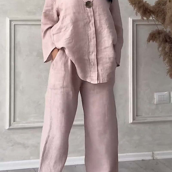 コットンとリネンの2ピースセット、カジュアルなボタン付き