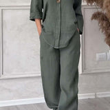 コットンとリネンの2ピースセット、カジュアルなボタン付き