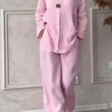 コットンとリネンの2ピースセット、カジュアルなボタン付き