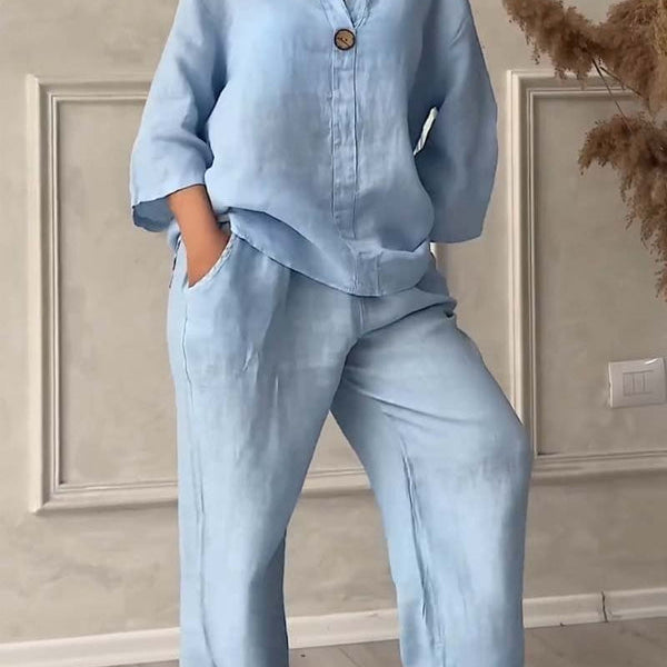 コットンとリネンの2ピースセット、カジュアルなボタン付き